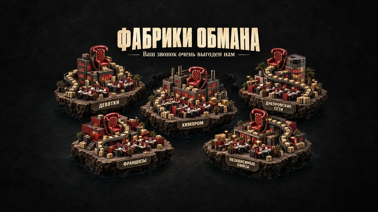 Сатирическая карта индустрии обмана: отдельные острова &laquo;Девятки&raquo;, &laquo;Химпром&raquo;, днепровские сети, франшизы и независимые офисы. Телефонные троны и конвейеры денег.