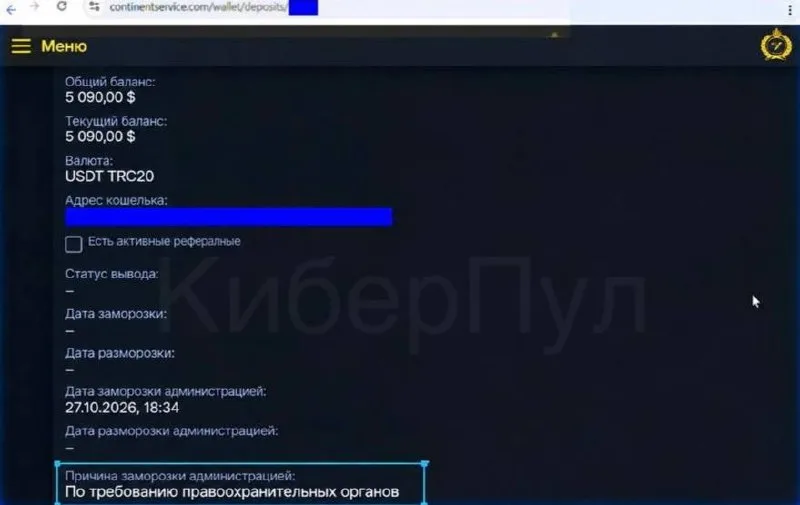 Предоставленный источнику скриншот кабинета с балансом 5090 долларов и причиной заморозки